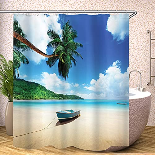 Fgolphd Beach Duschvorhang Textil 120x200 180x200 180x180 200x240 Grüne Palme Bunt Pink Blau,3D-Druck 100% Polyester,Shower Curtains Wasserdicht (13,120 x 200 cm) von Fgolphd