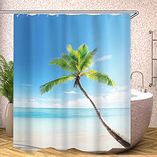 Fgolphd Beach Duschvorhang Textil 120x200 180x200 180x180 200x240 Grüne Palme Bunt Pink Blau,3D-Druck 100% Polyester,Shower Curtains Wasserdicht (14,180 x 200 cm) von Fgolphd