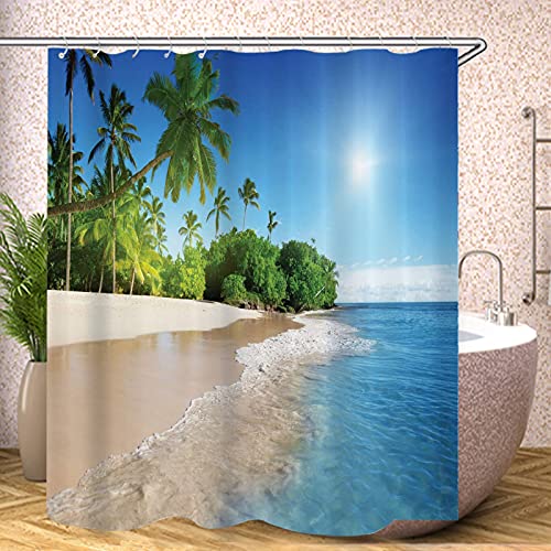 Fgolphd Beach Duschvorhang Textil 120x200 180x200 180x180 200x240 Grüne Palme Bunt Pink Blau,3D-Druck 100% Polyester,Shower Curtains Wasserdicht (21,120 x 200 cm) von Fgolphd