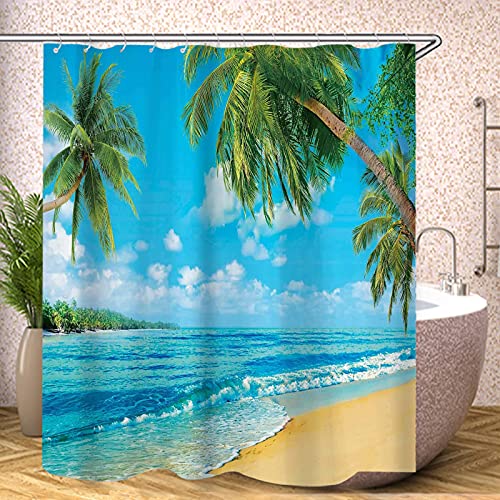 Fgolphd Beach Duschvorhang Textil 120x200 180x200 180x180 200x240 Grüne Palme Bunt Pink Blau,3D-Druck 100% Polyester,Shower Curtains Wasserdicht (26,120 x 200 cm) von Fgolphd