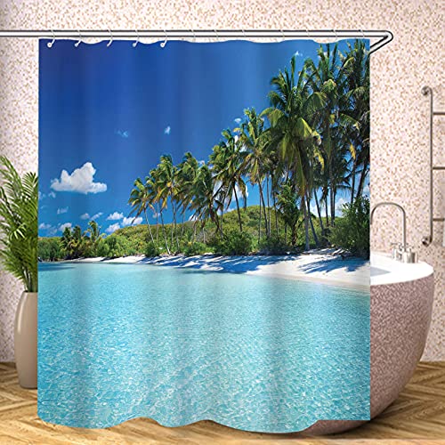 Fgolphd Beach Duschvorhang Textil 120x200 180x200 180x180 200x240 Grüne Palme Bunt Pink Blau,3D-Druck 100% Polyester,Shower Curtains Wasserdicht (27,200 x 200 cm) von Fgolphd