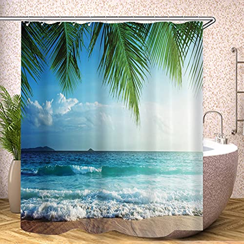 Fgolphd Beach Duschvorhang Textil 120x200 180x200 180x180 200x240 Grüne Palme Bunt Pink Blau,3D-Druck 100% Polyester,Shower Curtains Wasserdicht (8,120 x 200 cm) von Fgolphd