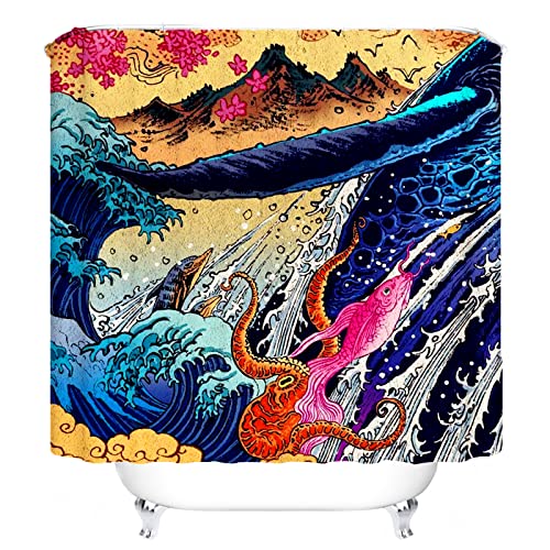 Fgolphd Cooler Japanischer Ukiyo-e Duschvorhang Mit Wellen, 180x180 Anime Octopus Asien Kraken Duschvorhang, 100% Polyester Wasserdicht (7,120 * 200cm) von Fgolphd