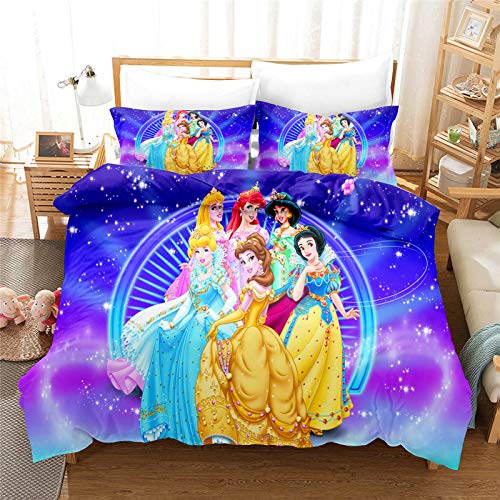 Fgolphd Prinzessinnen Bettwäsche 3D-Digitaldruck Mikrofaser Cartoon Quilt Cover Bella Aschenputtel Rapunzel Prinzessin Für Mädchen Kinder (20,Single 135×200CM) von Fgolphd