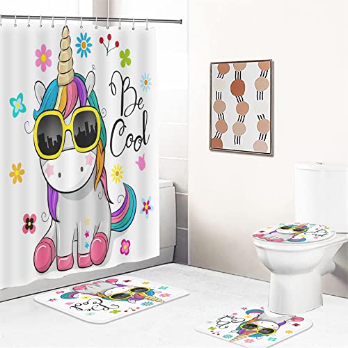 Fgolphd Duschvorhang 180x200 180x180 Einhorn Shower Curtains Wasserdicht Polyester Stoff Duschvorhang Badezimmer Teppich 4-teiliges Set (7,120 x 200 cm) von Fgolphd