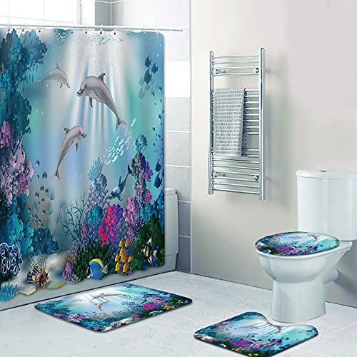 Fgolphd Duschvorhang 180x200 180x180 Fische Strand Bunt Badezimmerteppich 4-teiliges Set, Shower Curtains Machen Sie Ihr Badezimmer lebendiger (180 x 180 cm,12) von Fgolphd