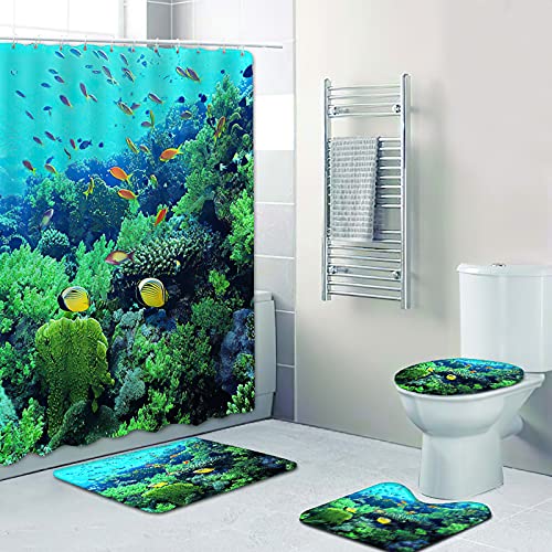 Fgolphd Duschvorhang 180x200 180x180 Fische Strand Bunt Badezimmerteppich 4-teiliges Set, Shower Curtains Machen Sie Ihr Badezimmer lebendiger (180 x 180 cm,2) von Fgolphd