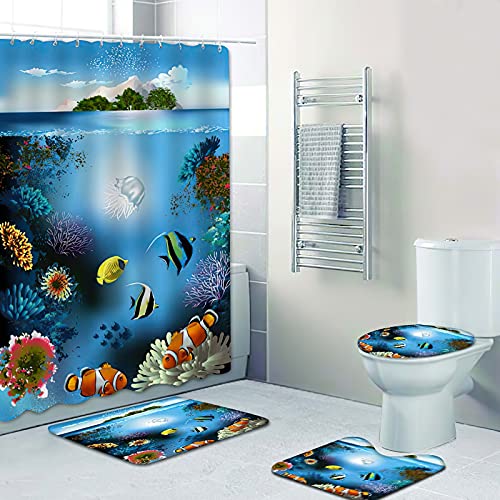 Fgolphd Duschvorhang 180x200 180x180 Fische Strand Bunt Badezimmerteppich 4-teiliges Set, Shower Curtains Machen Sie Ihr Badezimmer lebendiger (180 x 200 cm,10) von Fgolphd