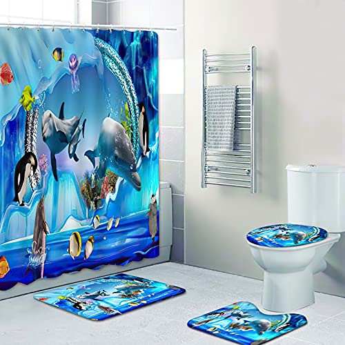 Fgolphd Duschvorhang 180x200 180x180 Fische Strand Bunt Badezimmerteppich 4-teiliges Set, Shower Curtains Machen Sie Ihr Badezimmer lebendiger (180 x 200 cm,13) von Fgolphd