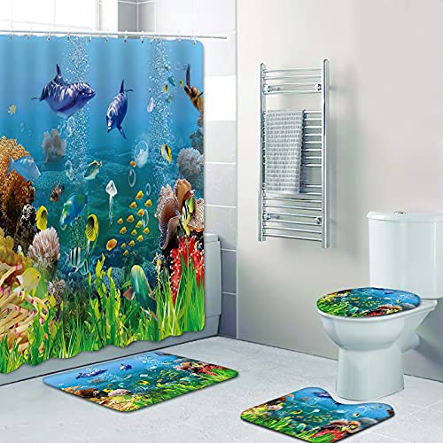 Fgolphd Duschvorhang 180x200 180x180 Fische Strand Bunt Badezimmerteppich 4-teiliges Set, Shower Curtains Machen Sie Ihr Badezimmer lebendiger (180 x 200 cm,14) von Fgolphd