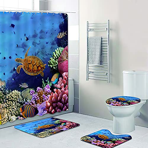 Fgolphd Duschvorhang 180x200 180x180 Fische Strand Bunt Badezimmerteppich 4-teiliges Set, Shower Curtains Machen Sie Ihr Badezimmer lebendiger (180 x 200 cm,6) von Fgolphd