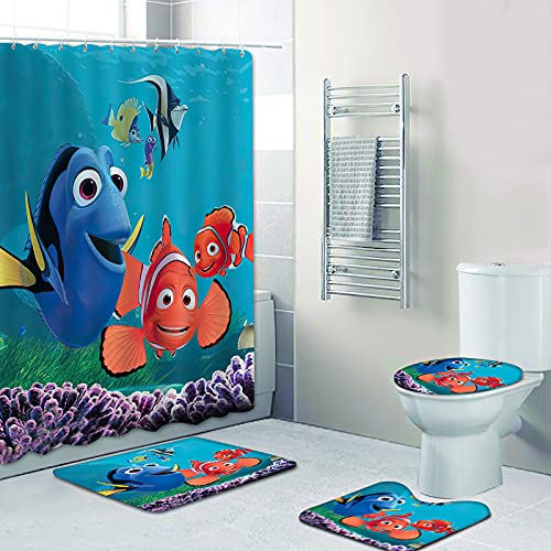 Fgolphd Duschvorhang 180x200 180x180 Fische Strand Bunt Badezimmerteppich 4-teiliges Set, Shower Curtains Machen Sie Ihr Badezimmer lebendiger (180 x 200 cm,8) von Fgolphd