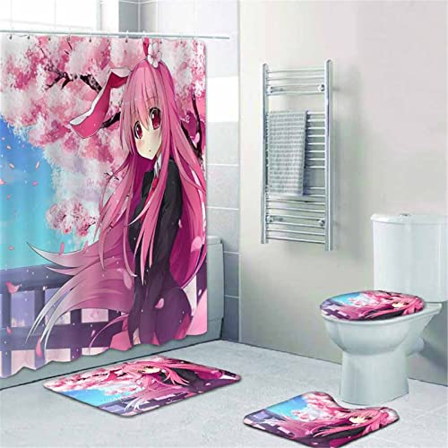 Fgolphd Duschvorhang Anime Mädchen 120x200 180x200 180x180 200x240 Bunt Pink Blau Textil Badezimmerteppich 4-teiliges Set,Shower Curtains Waschbar (1,120 x 200 cm) von Fgolphd