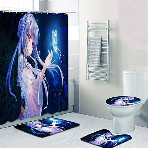 Fgolphd Duschvorhang Anime Mädchen 120x200 180x200 180x180 200x240 Bunt Pink Blau Textil Badezimmerteppich 4-teiliges Set,Shower Curtains Waschbar (12,120 x 200 cm) von Fgolphd