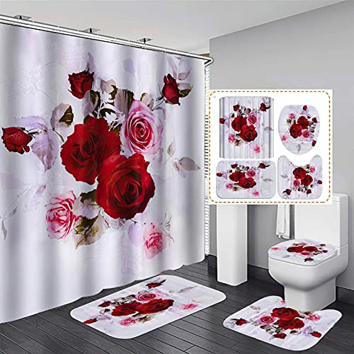 Fgolphd Duschvorhang Blume 180x200 180x180 Strand Bunt Badezimmerteppich 4-teiliges Set, Shower Curtains Wasserdicht (180 x 180 cm,4) von Fgolphd