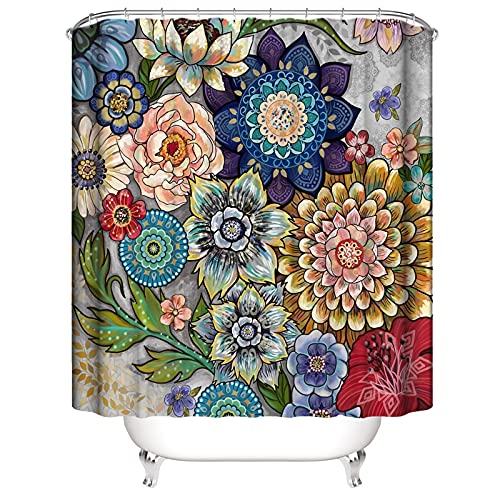 Fgolphd Duschvorhang Bohemia 180x200 180x180 bunt Blumen Strand Badezimmerteppich 4-teiliges Set, Shower Curtains Wasserdicht (20,200 x 200 cm) von Fgolphd