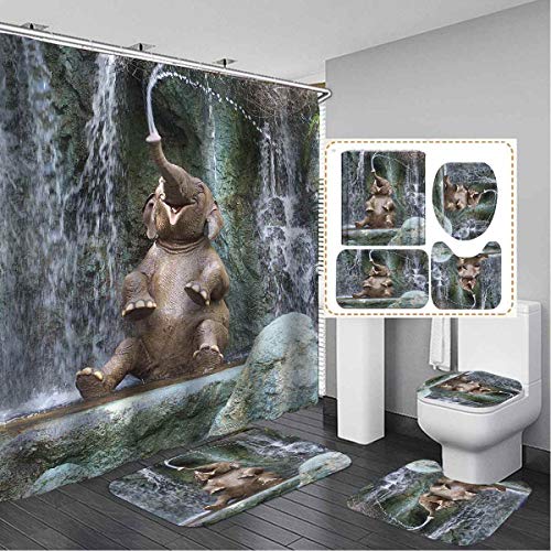 Fgolphd Duschvorhang Elefant Afrikanischer Elefant Duschvorhang180x200 180x180 Bunt Shower Curtains Wasserdicht Badezimmerteppich 4-teiliges Set (180 * 180,10) von Fgolphd