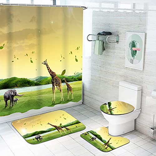 Fgolphd Duschvorhang Elefant Afrikanischer Elefant Duschvorhang180x200 180x180 Bunt Shower Curtains Wasserdicht Badezimmerteppich 4-teiliges Set (180 * 180,7) von Fgolphd