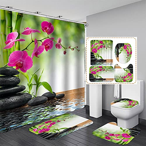 Fgolphd Duschvorhang Grün180x200 180x180 Blätter Blumen Pflanzen Blätter Strand Bunt Badezimmerteppich 4-teiliges Set,Shower Curtains Wasserdicht (180 x 180 cm,11) von Fgolphd