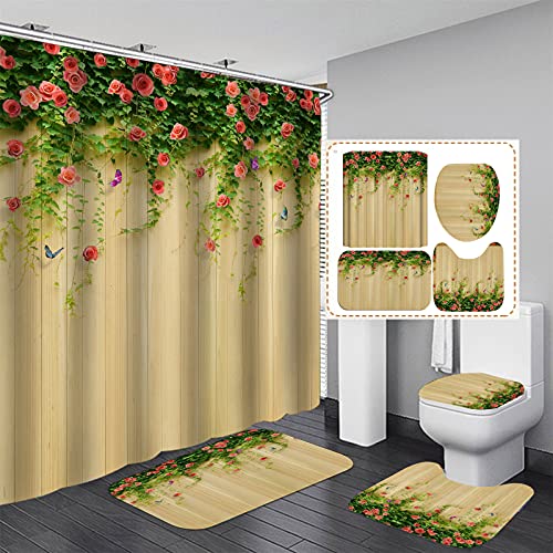 Fgolphd Duschvorhang Grün180x200 180x180 Blätter Blumen Pflanzen Blätter Strand Bunt Badezimmerteppich 4-teiliges Set,Shower Curtains Wasserdicht (180 x 200 cm,1) von Fgolphd