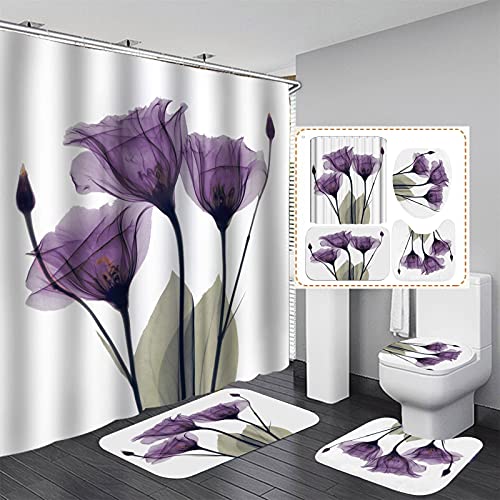 Fgolphd Duschvorhang Grün180x200 180x180 Blätter Blumen Pflanzen Blätter Strand Bunt Badezimmerteppich 4-teiliges Set,Shower Curtains Wasserdicht (180 x 200 cm,6) von Fgolphd