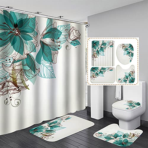 Fgolphd Duschvorhang Grün180x200 180x180 Blätter Blumen Pflanzen Blätter Strand Bunt Badezimmerteppich 4-teiliges Set,Shower Curtains Wasserdicht (180 x 200 cm,7) von Fgolphd