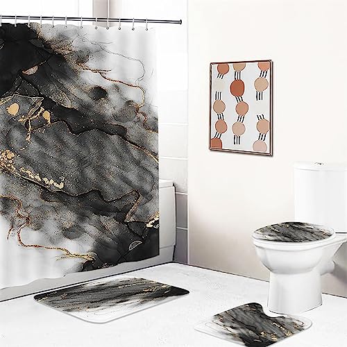 Fgolphd Duschvorhang Marmor 180x200 180x180 Weiß Schwarz Modern Duschvorhang-Set Polyester Stoff Badezimmerteppich 4-teiliges Set, Shower Curtains Wasserdicht (1,200 x 200 cm) von Fgolphd