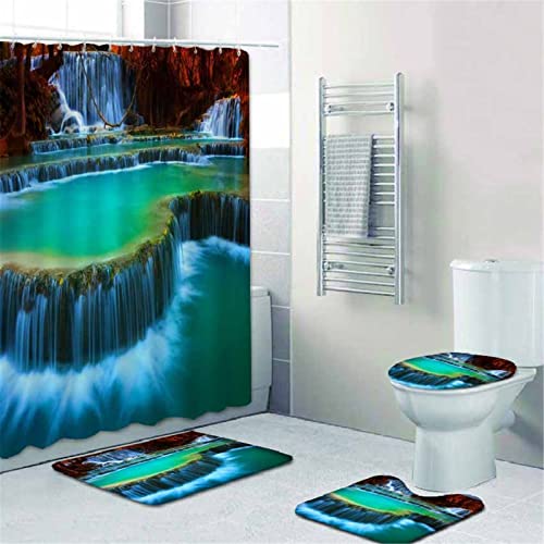 Fgolphd Duschvorhang Wasserfall Querformat 180x200 180x180 Strand Bunt Badezimmerteppich 4-teiliges Set, Shower Curtains Wasserdicht (6,180 x 200 cm) von Fgolphd