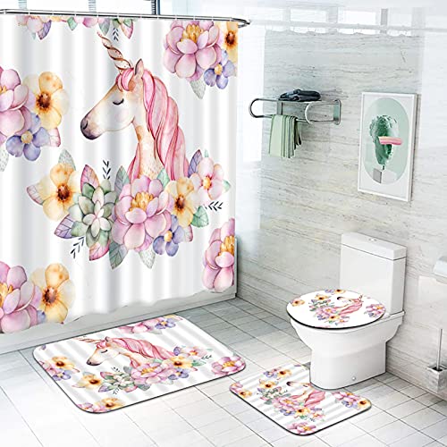 Fgolphd Einhorn Duschvorhang 180x200 180x180 Cartoons Rosa Einhorn Bunt Badezimmerteppich 4-teiliges Set, Shower Curtains Wasserdicht Duschvorhang (180 * 180,12) von Fgolphd