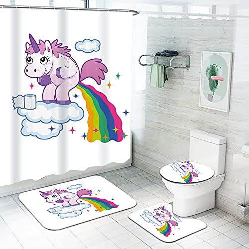 Fgolphd Einhorn Duschvorhang 180x200 180x180 Cartoons Rosa Einhorn Bunt Badezimmerteppich 4-teiliges Set, Shower Curtains Wasserdicht Duschvorhang (180 * 180,16) von Fgolphd