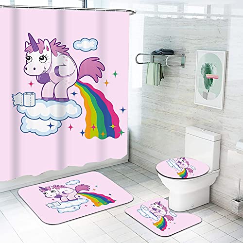 Fgolphd Einhorn Duschvorhang 180x200 180x180 Cartoons Rosa Einhorn Bunt Badezimmerteppich 4-teiliges Set, Shower Curtains Wasserdicht Duschvorhang (180 * 180,17) von Fgolphd