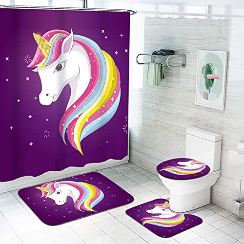 Fgolphd Einhorn Duschvorhang 180x200 180x180 Cartoons Rosa Einhorn Bunt Badezimmerteppich 4-teiliges Set, Shower Curtains Wasserdicht Duschvorhang (180 * 200,1) von Fgolphd