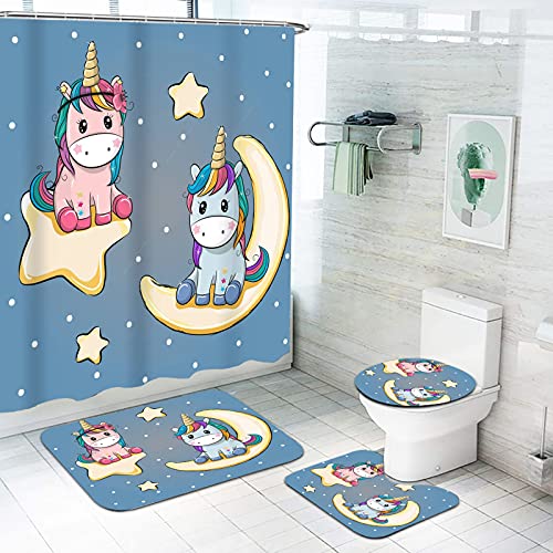 Fgolphd Einhorn Duschvorhang 180x200 180x180 Cartoons Rosa Einhorn Bunt Badezimmerteppich 4-teiliges Set, Shower Curtains Wasserdicht Duschvorhang (180 * 200,10) von Fgolphd