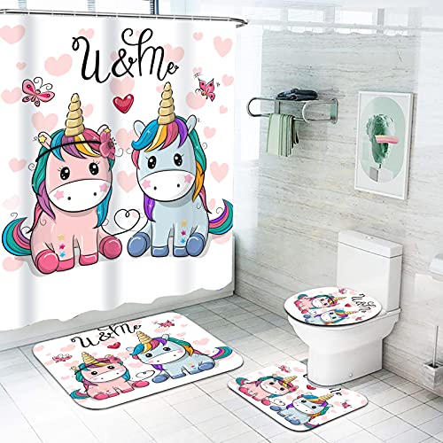 Fgolphd Einhorn Duschvorhang 180x200 180x180 Cartoons Rosa Einhorn Bunt Badezimmerteppich 4-teiliges Set, Shower Curtains Wasserdicht Duschvorhang (180 * 200,2) von Fgolphd