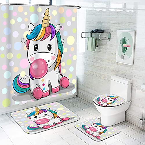 Fgolphd Einhorn Duschvorhang 180x200 180x180 Cartoons Rosa Einhorn Bunt Badezimmerteppich 4-teiliges Set, Shower Curtains Wasserdicht Duschvorhang (180 * 200,9) von Fgolphd