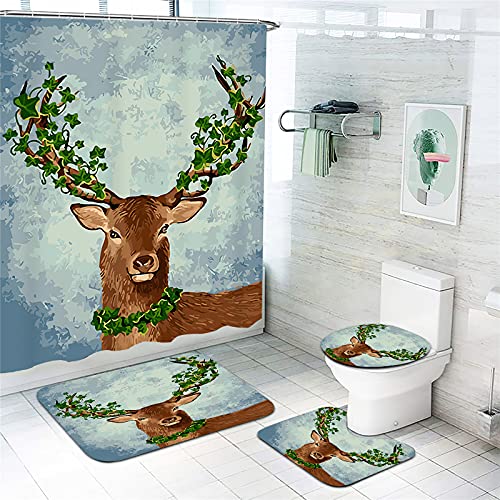 Fgolphd Elch Muster Duschvorhang 180x200 180x180 Hirsch Tierbild Badezimmerteppich 4-teiliges Set, Shower Curtains Wasserdicht (180 * 180,2) von Fgolphd