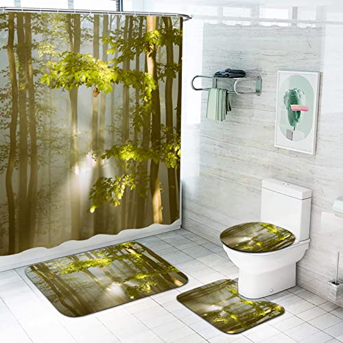 Fgolphd Natur Duschvorhang Dschungel Sonnenlicht Bäume Shower Curtains Mit Fußmatten-Badunterlage, Toilettenunterlage,Duschvorhang-Set (10,180×200) von Fgolphd