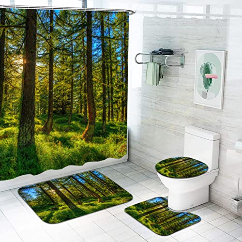 Fgolphd Natur Duschvorhang Dschungel Sonnenlicht Bäume Shower Curtains Mit Fußmatten-Badunterlage, Toilettenunterlage,Duschvorhang-Set (11,180×200) von Fgolphd