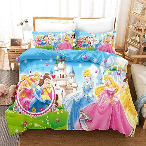 Fgolphd Prinzessinnen Bettwäsche 3D-Digitaldruck Mikrofaser Cartoon Quilt Cover Bella Aschenputtel Rapunzel Prinzessin Für Mädchen Kinder (1,Single 135×200CM) von Fgolphd