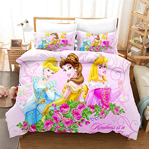 Fgolphd Prinzessinnen Bettwäsche 3D-Digitaldruck Mikrofaser Cartoon Quilt Cover Bella Aschenputtel Rapunzel Prinzessin Für Mädchen Kinder (26,Single 135×200CM) von Fgolphd