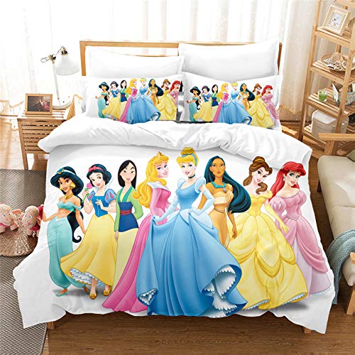 Fgolphd Prinzessinnen Bettwäsche 3D-Digitaldruck Mikrofaser Cartoon Quilt Cover Bella Aschenputtel Rapunzel Prinzessin Für Mädchen Kinder (3,Single 135×200CM) von Fgolphd