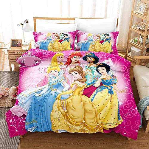 Fgolphd Prinzessinnen Bettwäsche 3D-Digitaldruck Mikrofaser Cartoon Quilt Cover Bella Aschenputtel Rapunzel Prinzessin Für Mädchen Kinder (30,Single 140×210CM) von Fgolphd