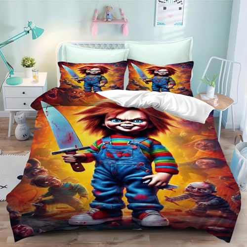 Fgolphd Puppet Horror Puppen bettwäsche 135x200 Für Jugendliche 3D Chucky Puppe Cartoon Bettbezug Horror-Film Bettwäsche-Set Mit Reißverschluss (135 x 200 cm,3) von Fgolphd