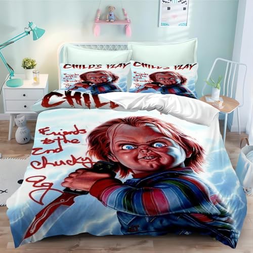 Fgolphd Puppet Horror Puppen bettwäsche 135x200 Für Jugendliche 3D Chucky Puppe Cartoon Bettbezug Horror-Film Bettwäsche-Set Mit Reißverschluss (135 x 200 cm,4) von Fgolphd