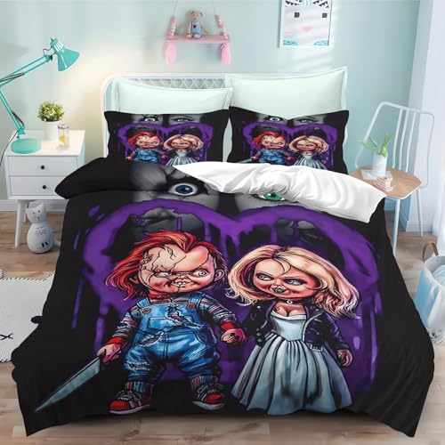 Fgolphd Puppet Horror Puppen bettwäsche 135x200 Für Jugendliche 3D Chucky Puppe Cartoon Bettbezug Horror-Film Bettwäsche-Set Mit Reißverschluss (140 x 210 cm,1) von Fgolphd