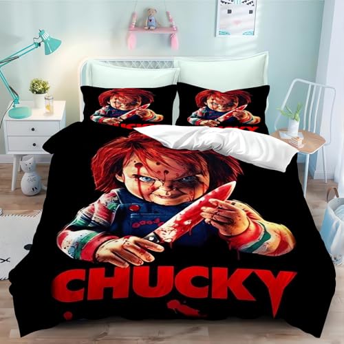 Fgolphd Puppet Horror Puppen bettwäsche 135x200 Für Jugendliche 3D Chucky Puppe Cartoon Bettbezug Horror-Film Bettwäsche-Set Mit Reißverschluss (140 x 210 cm,2) von Fgolphd
