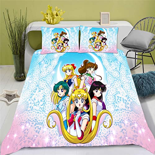 Fgolphd Sailor Moon bettwäsche und Kissenbezug 3D Digital Print Mikrofaser Bettwäsche-Sets Für mädchen Teenager Jugendliche (2,Single 140×210CM) von Fgolphd