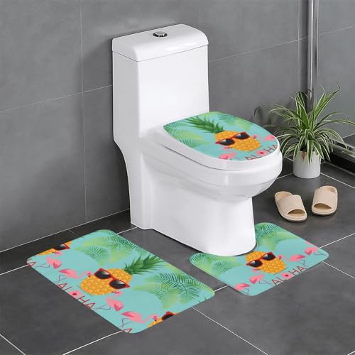 Fgwaauh Ananas-Flamingo-Badezimmerteppich-Set, 3-teilig, rutschfeste, weiche Teppichmatten, U-förmige Toilette für Badezimmer, Badewanne, Dusche von Fgwaauh
