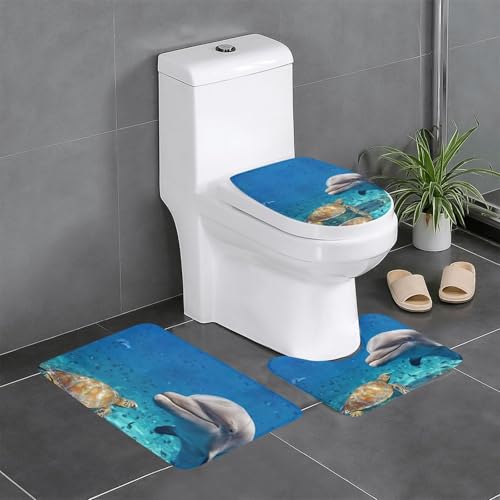 Fgwaauh Badezimmerteppich-Set, Motiv: Meeresschildkröte, Delfin und Fisch, rutschfest, weich, U-förmig, für Badezimmer, Badewanne, Dusche Fgwaauh Badezimmerteppich-Set, Motiv: Meeresschildkröte, Delfin und Fisch, rutschfest, weich, U-förmig, für Badezimmer, Badewanne, Dusche von Fgwaauh