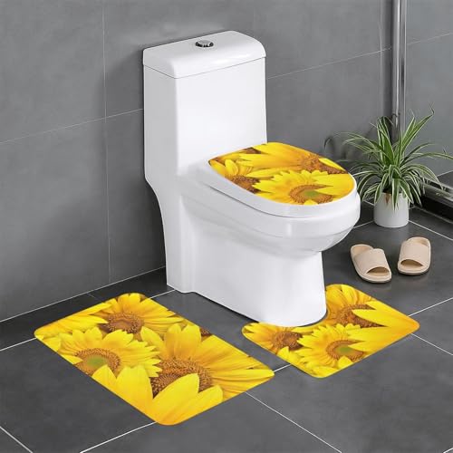 Fgwaauh Badezimmerteppich-Set, Sonnenblumen, gelbe Blumen, rutschfest, weich, U-förmig, WC für Badezimmer, Badewanne, Dusche von Fgwaauh